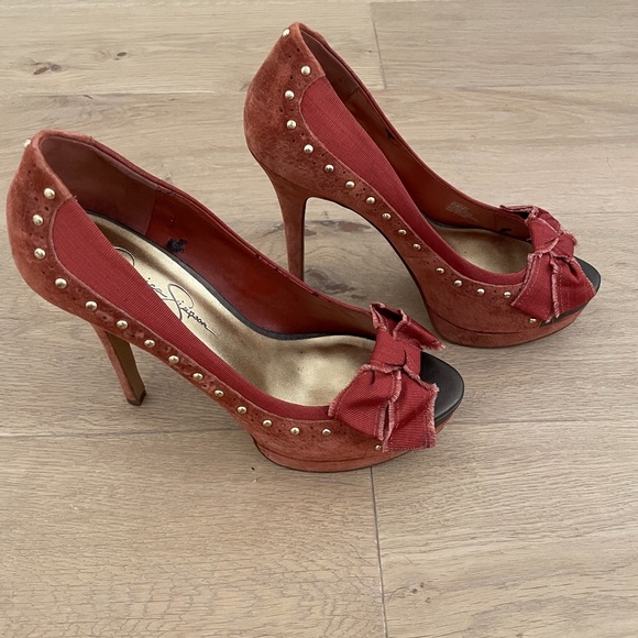 Jessica Simpson Red Suede Peep Toe Heels - Picture 4 of 8
